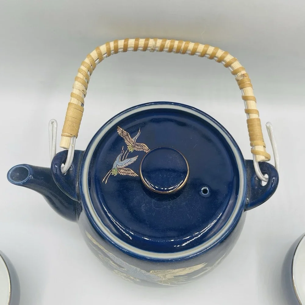 Vintage Japanese Cobalt Blue Tea Set With Gold Peacock Design - Teapot W/ 4 Cups